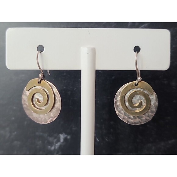 925 Hammered Sterling Silver Brass Swirl Dangling Pierced Earrings Vintage - Picture 3 of 10
